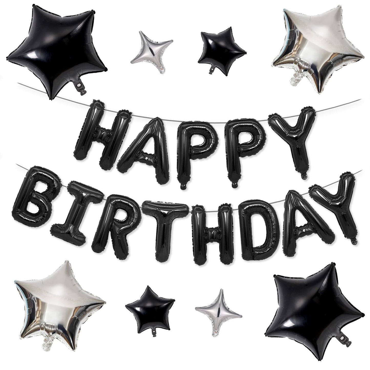 Happy Birthday Balloons Banner, Black Happy Birthday Foil Balloons 16 Inch Mylar Foil Letter Balloons With 8 Pcs Black Silver St