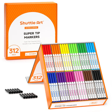 Shuttle Art 312 Pack Washable Super Tips Markers, 12 Assorted Colors Conical Tip Large Markers Bulk With A Box, Bonus Caps, Home Classroom School Supplies For Toddlers Kids Adults Students Teachers