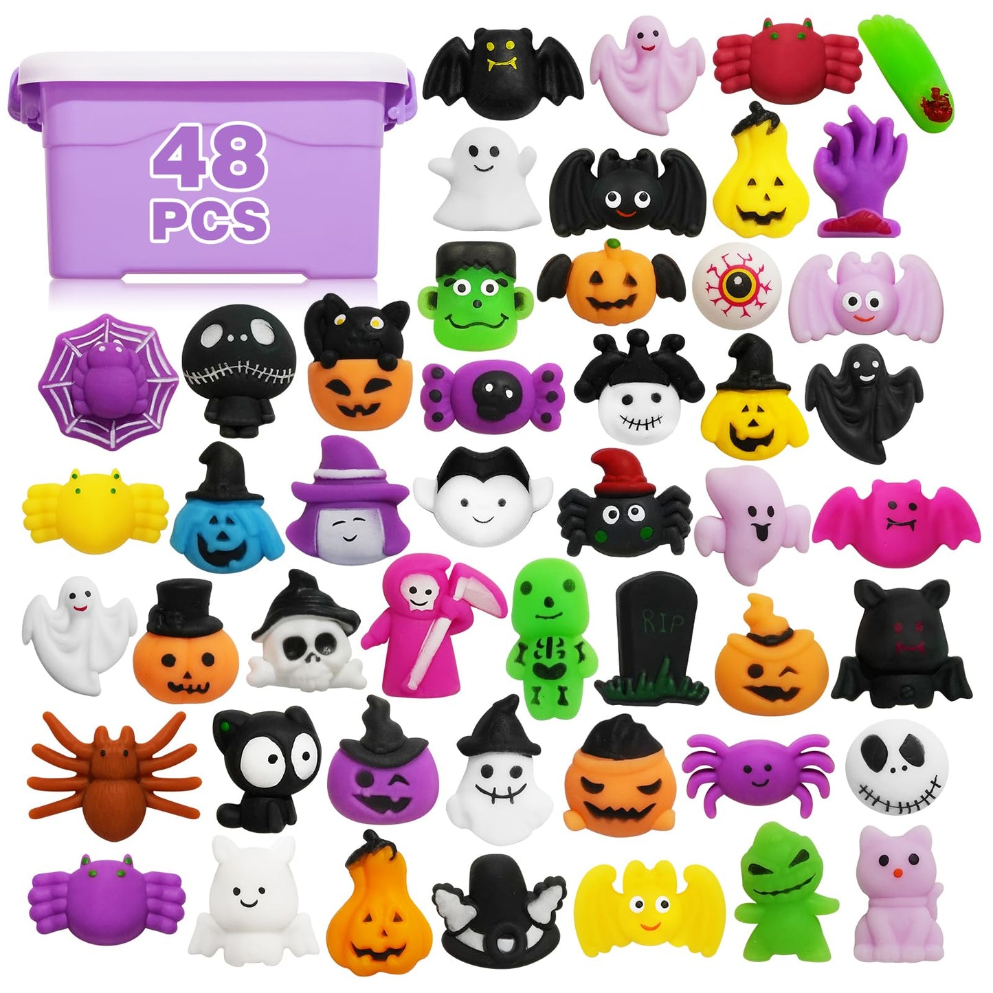 48PCS Halloween Mochi Squishy Toys for Kids  Halloween Fidget Toys Bulk  Mochis Squishies for Basket Goodie Bags Stuffers  Trick or Treat  Gifts  Boys  Girls  Classroom Party Favors  Treasure Box