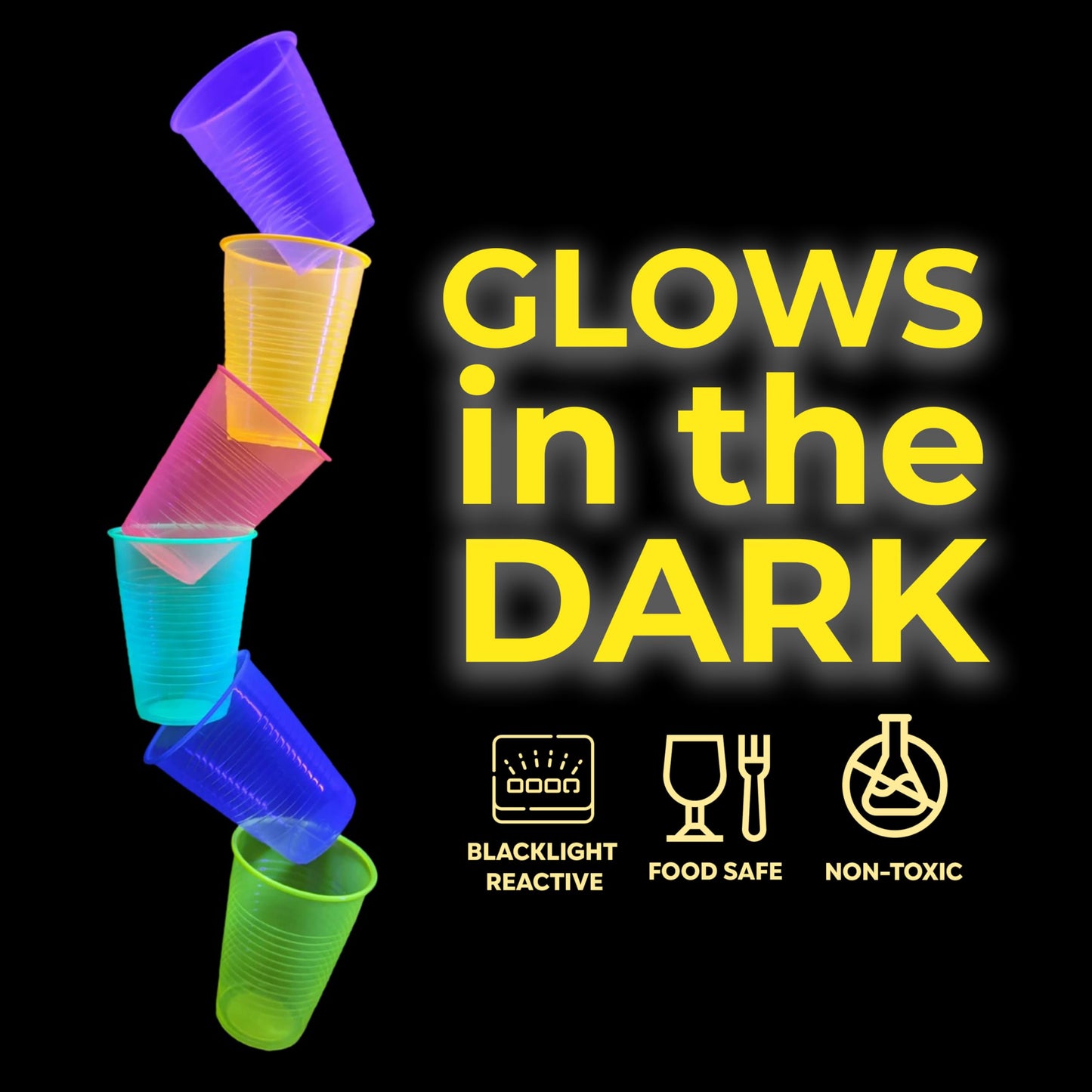 Exquisite Blacklight Reactive Glow Cups - 12 Oz Disposable Plastic - 60 Pack Assorted Neon Colors for Parties