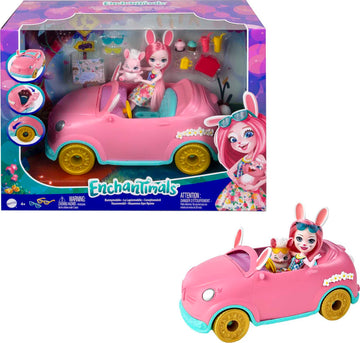 Enchantimals Bunnymobile Small Doll & Toy Car Playset With 10 Accessories Including Bunny Figure & Travel Gear, Pink Convertible Vehicle