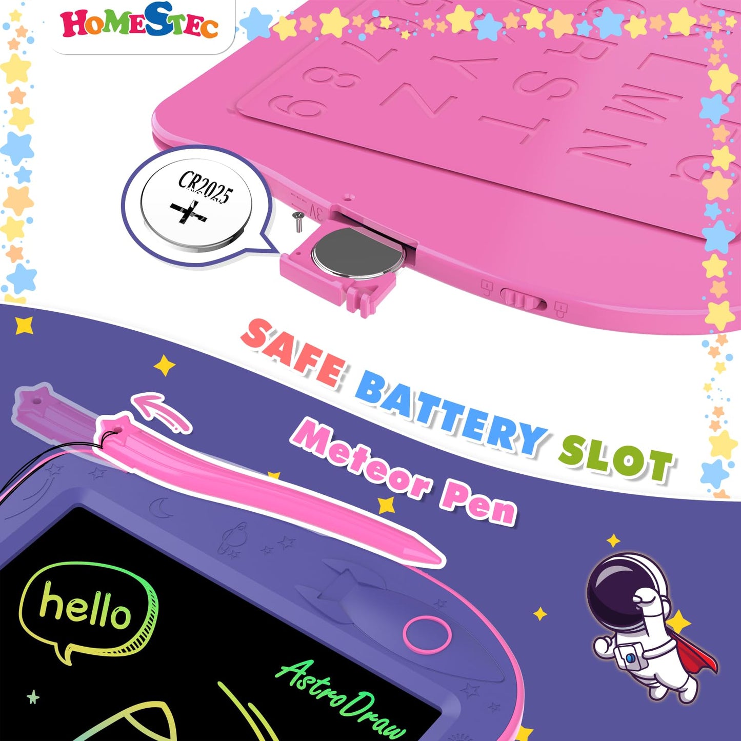 HOMESTEC Astrodraw LCD Writing Tablet for Kids, Colorful Doodle Board, Purple/Pink, Model AB0811, Ideal Birthday Gift for Ages 3-6