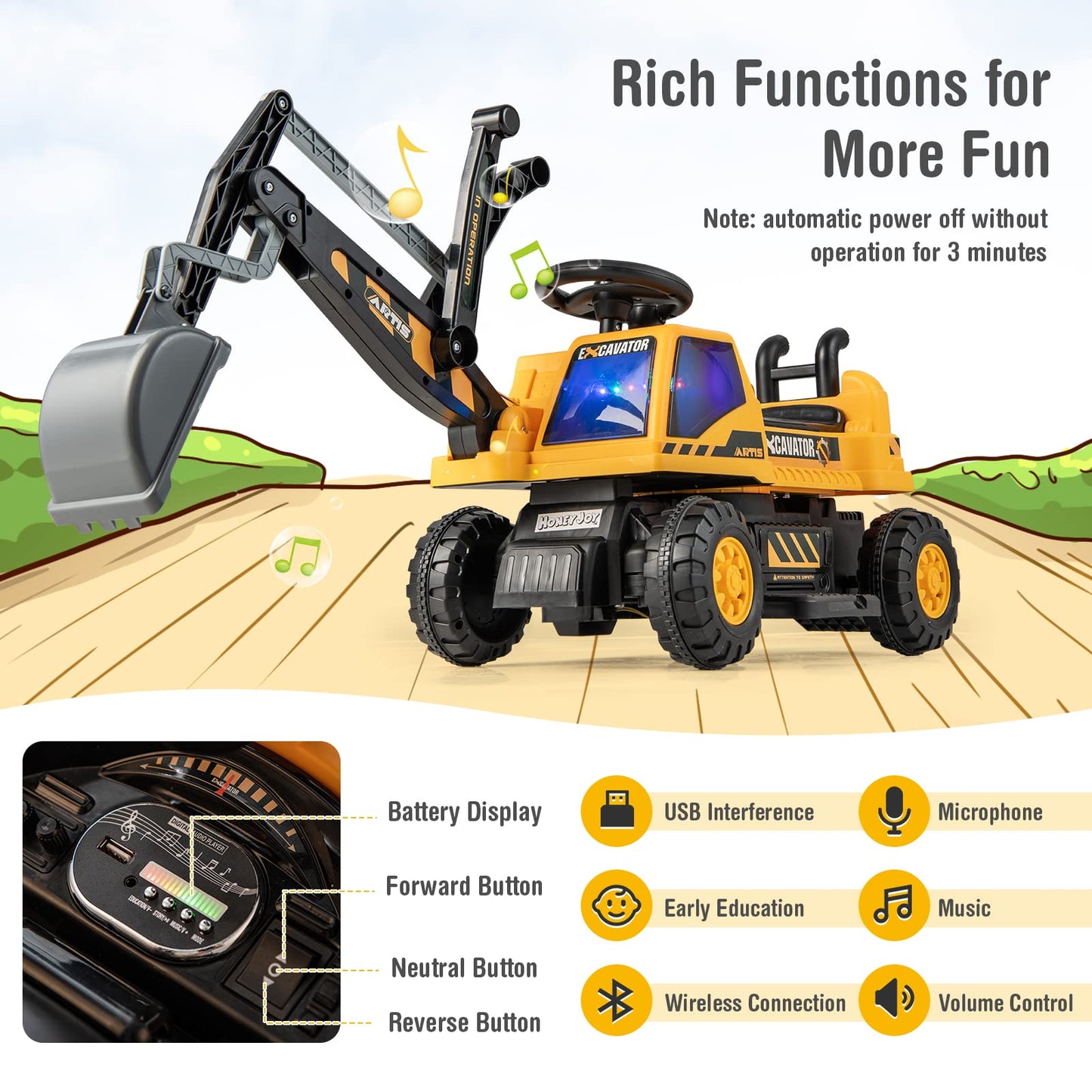 Honey Joy Ride On Excavator, 6V Battery Powered Ride On Construction Vehicles For Kids, Under Seat Storage, Music, Rotatable Sea
