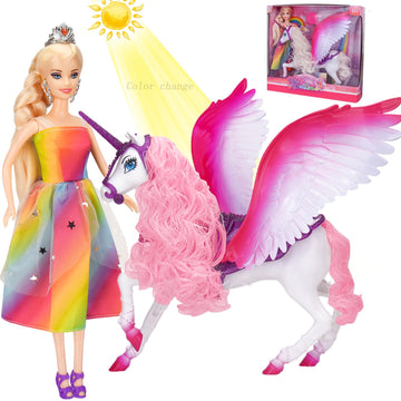 Bettina Color Change Unicorn, 11.5 Inch Princess Doll With Dress, Pegasus' Mane Changes Color Under The Sunlight, Winged Horse Toys, Unicorn Toys Gifts For Girls