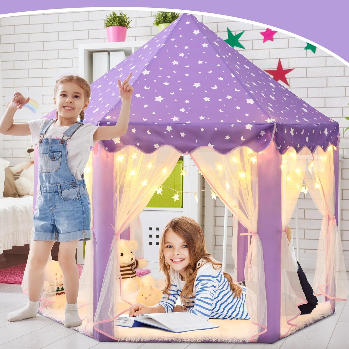 Kixinwa Purple Princess Tent For Girls, Kids Play Tent With Led Small Star Lights, Castle Playhouse Tent For Children Toddlers I