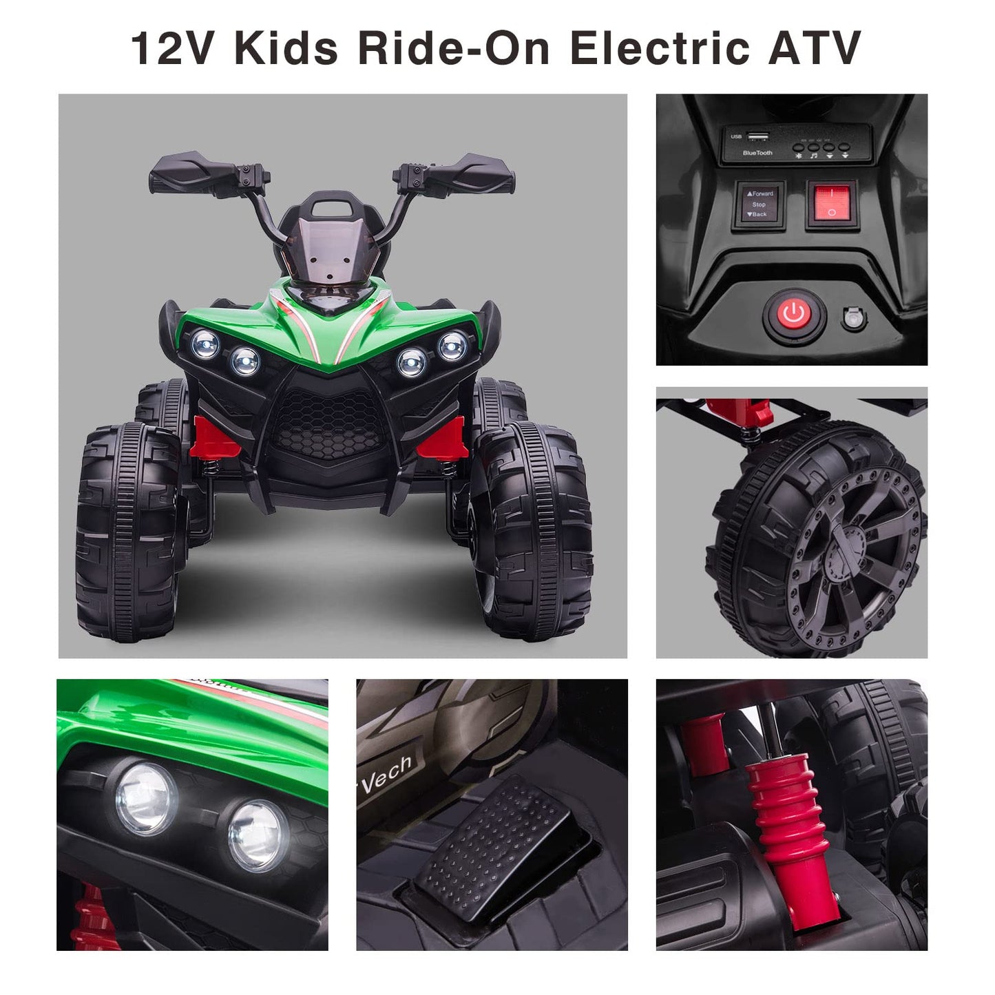 OTTARO Ride on ATV 2 Seater, 12V 4 Wheeler Electric Quad for Kids 3-8 w/ 17 Length Seat, LED Lights, 2 Speeds, Soft Braking, Rea