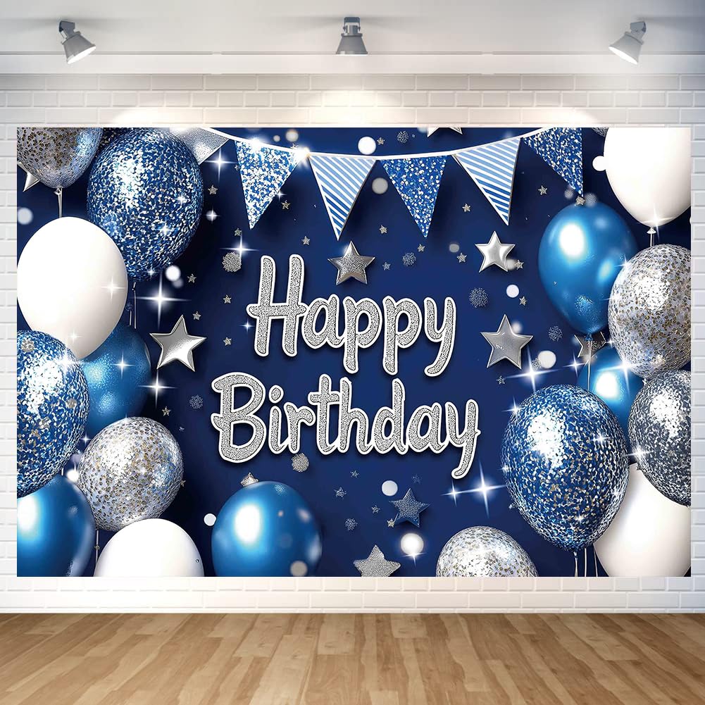 Blue Silver Birthday Party Backdrop Blue Silver Balloon Star Happy Birthday Banner Photography Background for Men Home Decoratio