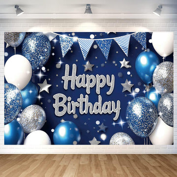 Blue Silver Birthday Party Backdrop Blue Silver Balloon Star Happy Birthday Banner Photography Background for Men Home Decoratio
