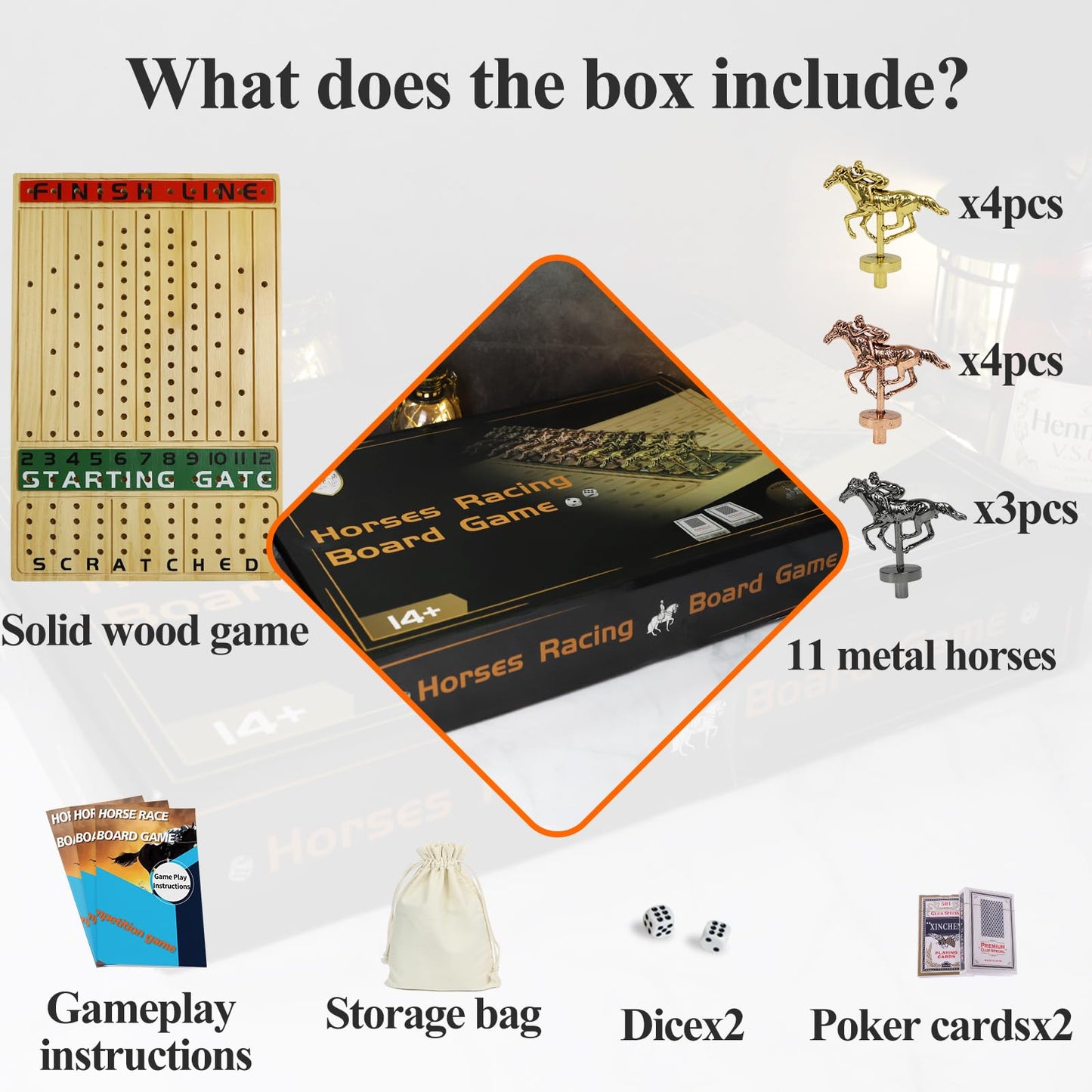 Grhonior Horse Racing Board Game With 11 Luxury Metal Horses Thickened Wood Game Board Including Dice And Cards Finish Line Race