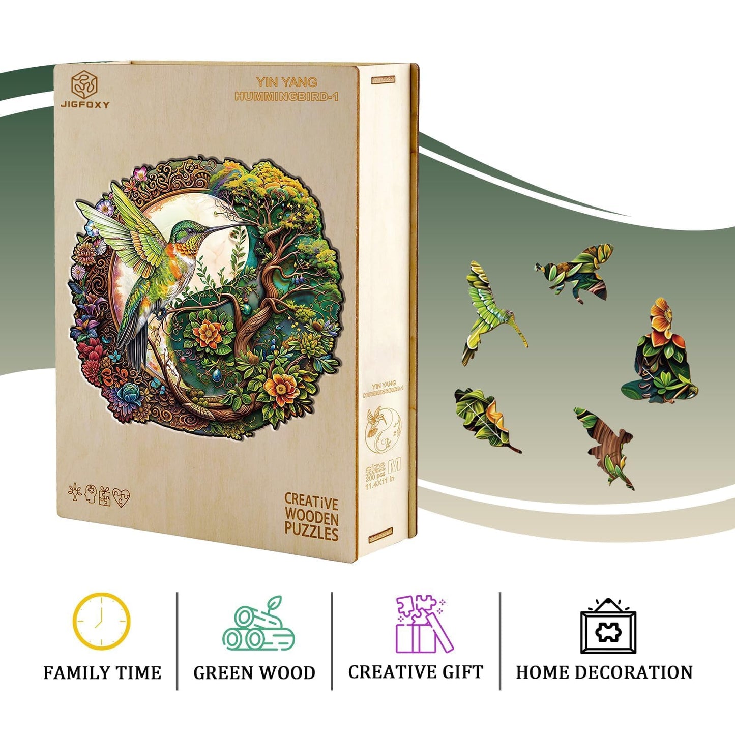 Jigfoxy Wooden Puzzles for mature-themeds  Yin Yang Hummingbird Wood Puzzles mature-themed  Unique Animal Shape Wooden Jigsaw Puzzles  Birthday Gifts for Puzzles Lovers Family Friend (M-11.4 * 11in-200pcs)