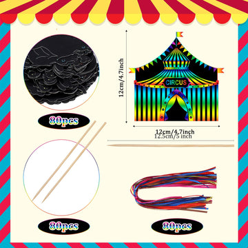 RoundFunny 80 Pcs Carnival Cutouts Scratch Cards Circus Theme Party Crafts Kids Colorful Circus Animals Scratch Paper for DIY wi