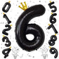 Large Number 6 Balloons, Black 40 Inch Foil Number Balloon For Boys, Crown Self Inflating 0-9 Set Balloons For Girls 6Th Birthda