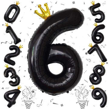 Large Number 6 Balloons, Black 40 Inch Foil Number Balloon For Boys, Crown Self Inflating 0-9 Set Balloons For Girls 6Th Birthda