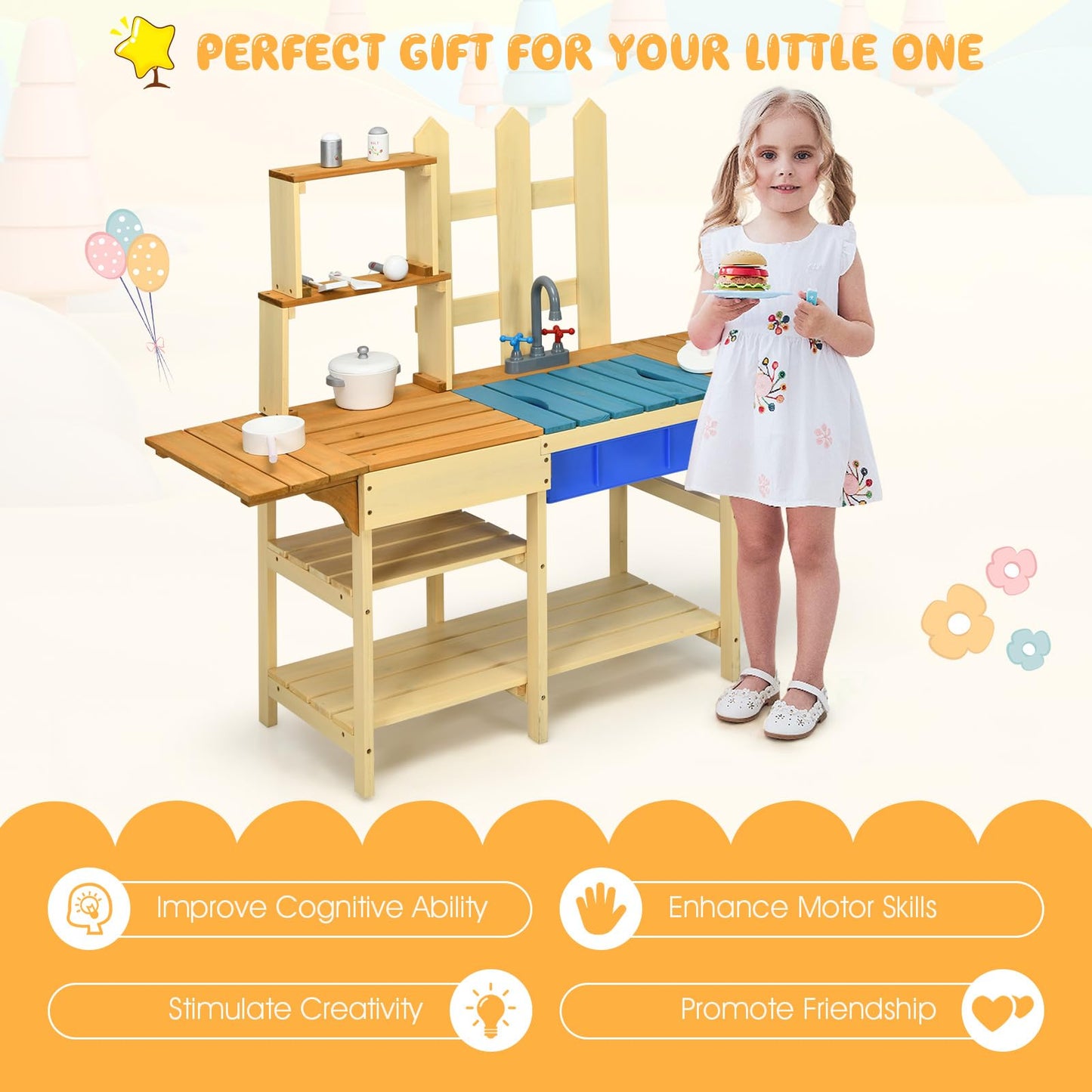 Honey Joy Kids Mud Kitchen Playset, Indoor Outdoor Wooden Pretend Play Toy Kitchen With Removable Sink, Simulated Faucet, Mud Ki