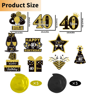 40Th Glitter Black Gold Birthday Banner Party Decorations, Happy 40Th Birthday Decorations Hanging Swirls Banner Honeycomb Centerpieces For Men Women Happy 40 Years Old Bday Party