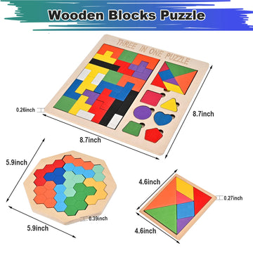 Wooderma 3 Pack Wooden Blocks Puzzles, 3-In-1 Russian Blocks, Octagon Puzzle, Tangrams Puzzles, Brain Teasers Toy Logic Game, Mo
