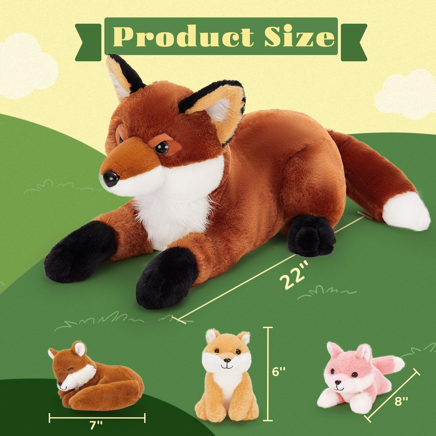 BENINY Fox Stuffed Animal Set - Large 22" Mommy Red Fox with 3 Baby Foxes - Plush Toy for Kids - Brown Polyester