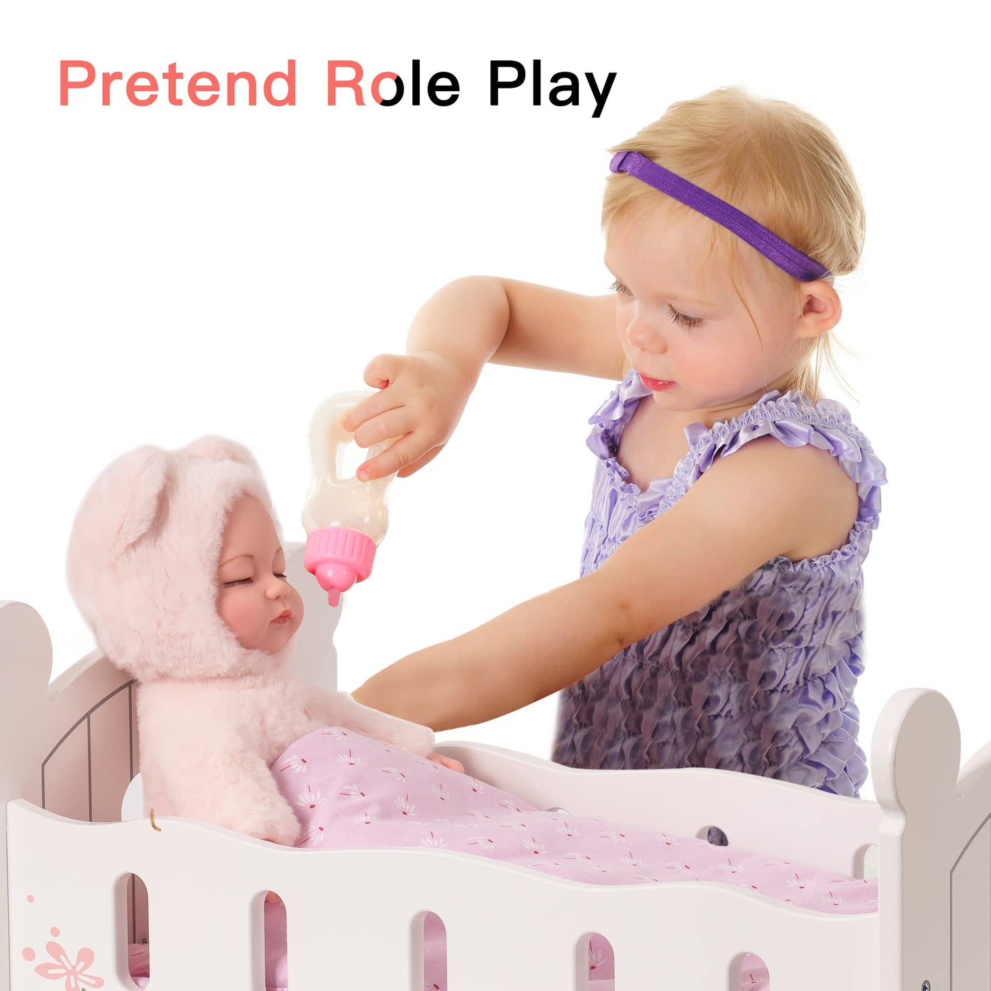 Robud Wooden Baby Doll Crib, Baby Doll Bed Toys, Fits Up To 18 Inch Doll Accessories