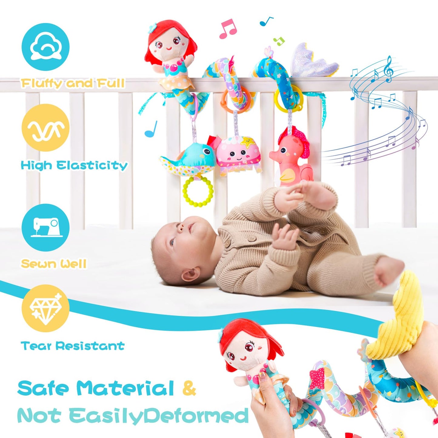 Koty Carseat Toys Hanging, Blue Mermaid Stroller Toys For Babies 0-6 Months, Baby Car Seat Toy With Crinkle, Teether, Music Box,