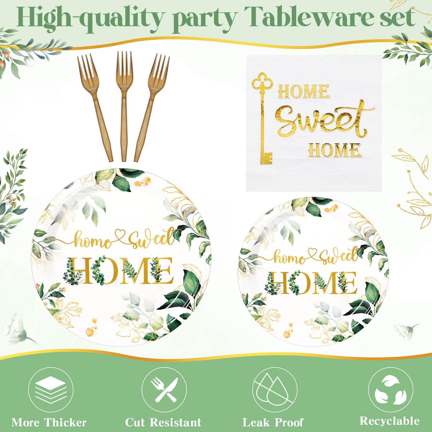 Zubebe 24 Set Housewarming Party Supplies Disposable Greenery Home Party Tableware Set Including 48 Pcs Green Leaves Paper Plate