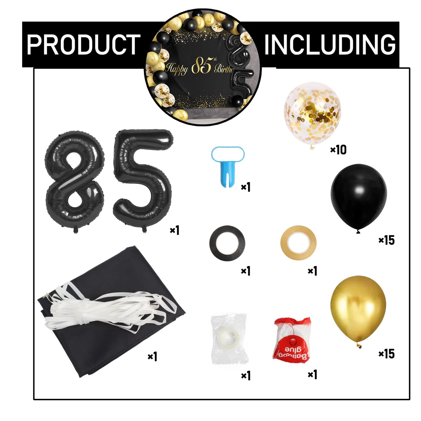 Happy 85Th Birthday Balloons Black Set Decor - Cheers To 85 Years Old Party Theme Garland Banner Backdrop Decorations For Women