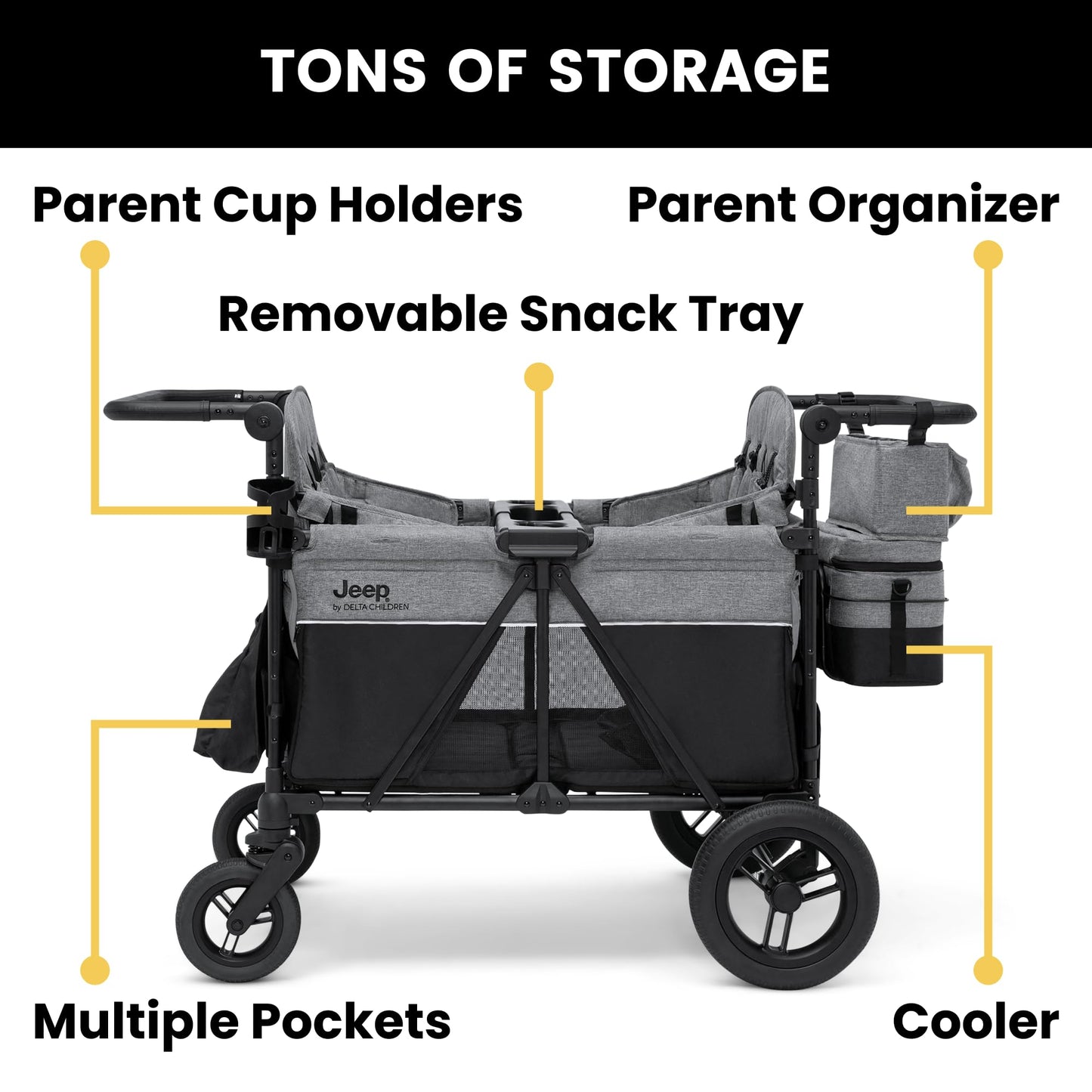 Jeep Wrangler Deluxe 4 Seater Stroller Wagon By Delta Children - Premium Quad Stroller Wagon For 4 Kids With Convertible Seats,