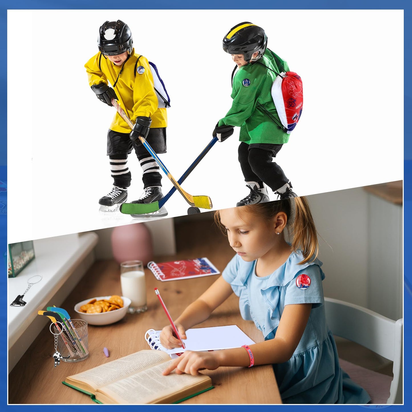 Paterr 102 Pcs Hockey Party Favor Set - Drawstring Bags, Bracelets, Notebooks, Pencils, Stickers - Perfect for Gifts and Celebrations