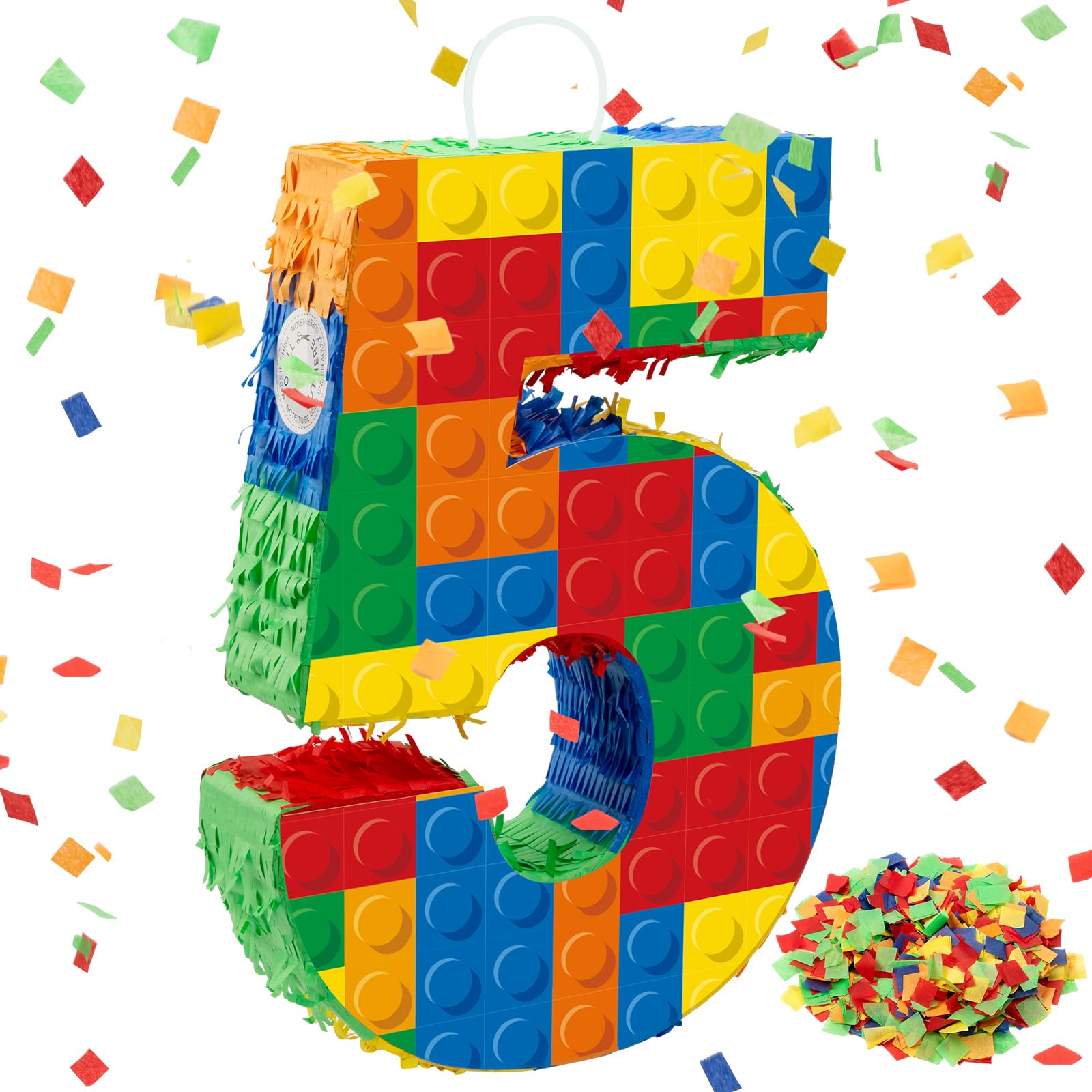 RoundFunny Number 5 Building Blocks Piata 16.5 Inch Party Supplies 5th Birthday Party Decorations Piata with Confetti Blocks The