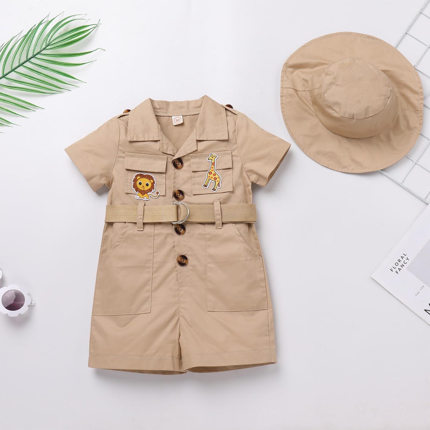 Wild One Birthday Outfit Girl Short Sleeve Khaki Safari Jumpsuit with Safari Hat Baby Safari Outfit Zookeeper Costume Jungle Saf