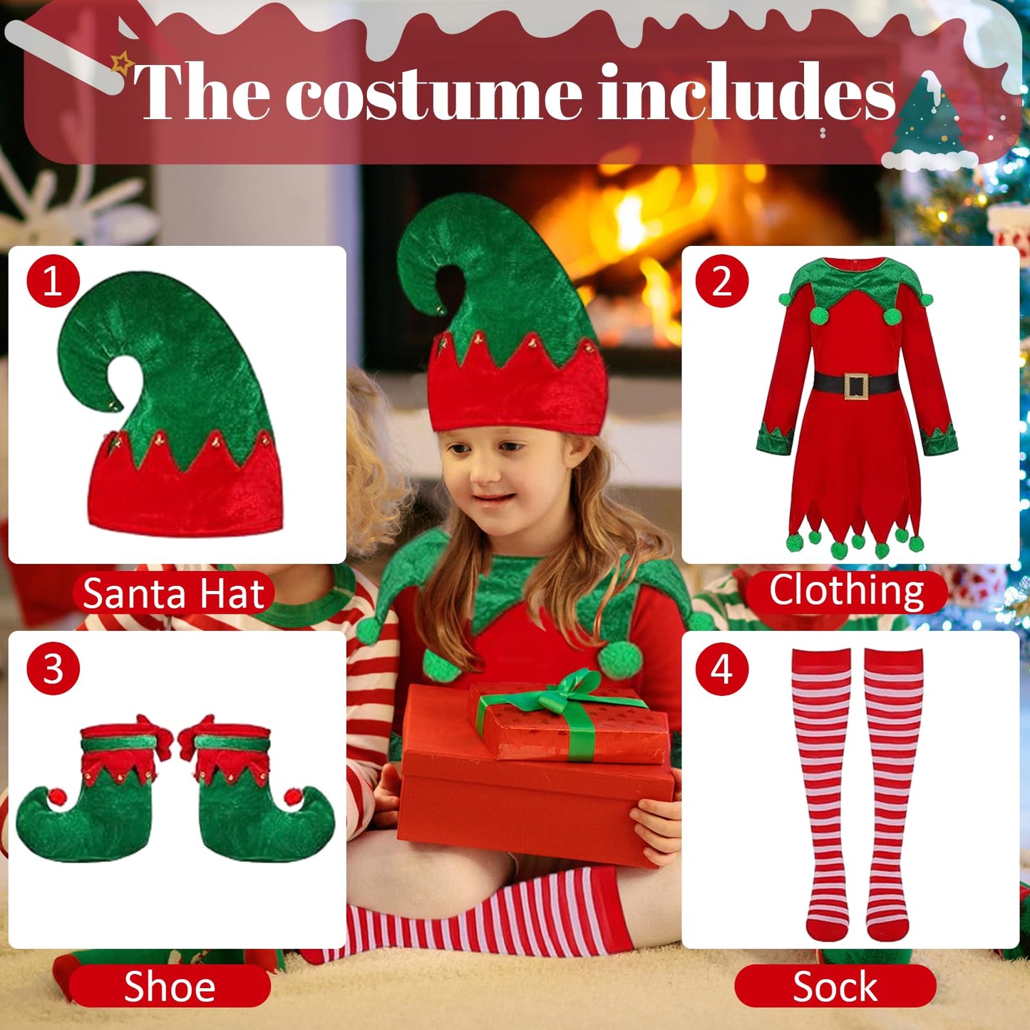 Reiwide Kids Girl Christmas Elf Costume: Velvet Dress Santa Helper Costume Xmas Festive Outfit - Hat Shoes Belt Striped Stocking