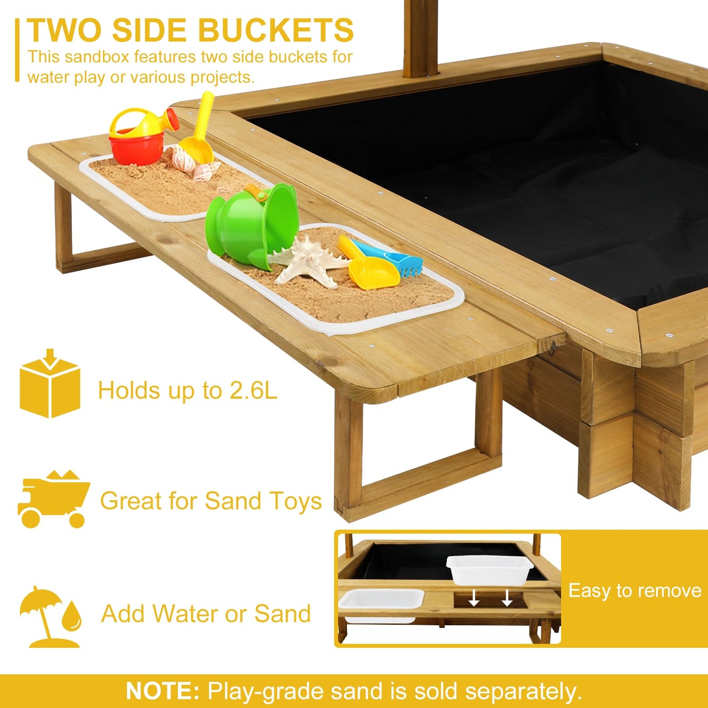 Ketive Kids Wooden Sandbox With Cover, Outdoor Sand Box With Lid 2 Side Buckets, 4 Bench Seats & All-Round Bottom Liner, Uv-Resi