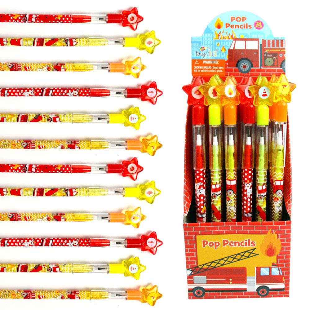 TINYMILLS 24 Pcs Fire Trucks Multi Point Stackable Pencilwith Eraser for Fire Truck Birthday Party Favor Prize Carnival Goodie B