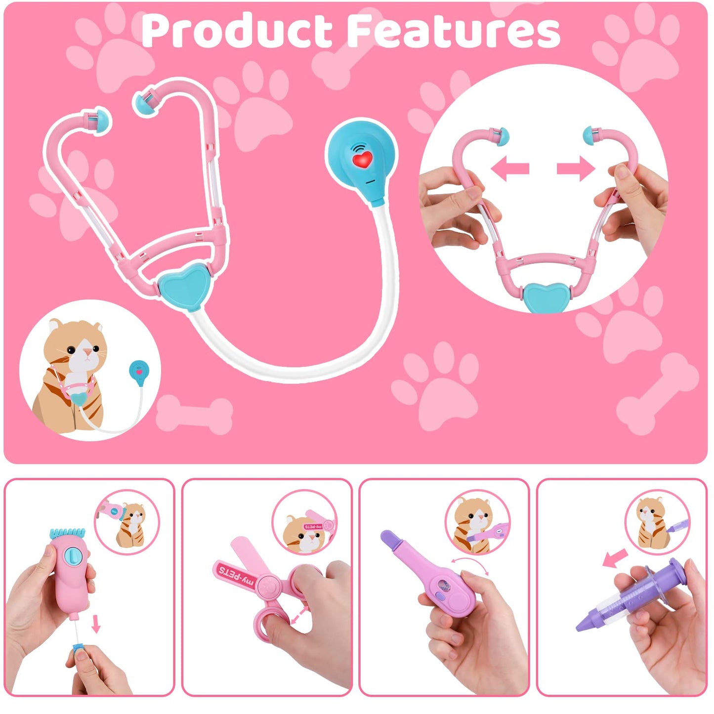 Magic4U Pet Cat Care Carrier Suitcase Toy, 29Pcs Vet Clinic And Doctor Kit For Kids, Pet Kitty Grooming Feeding Toys, Veterinari