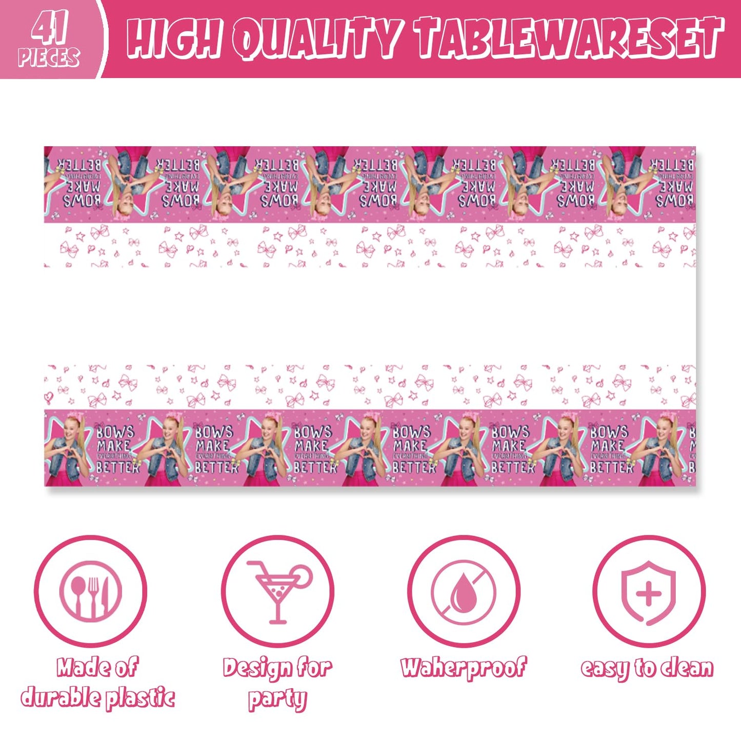 41pcs Jojo Siwas Party Supplies include 20 plates, 20 napkins 1 Tablecloth for the Jojo birthday party decoration