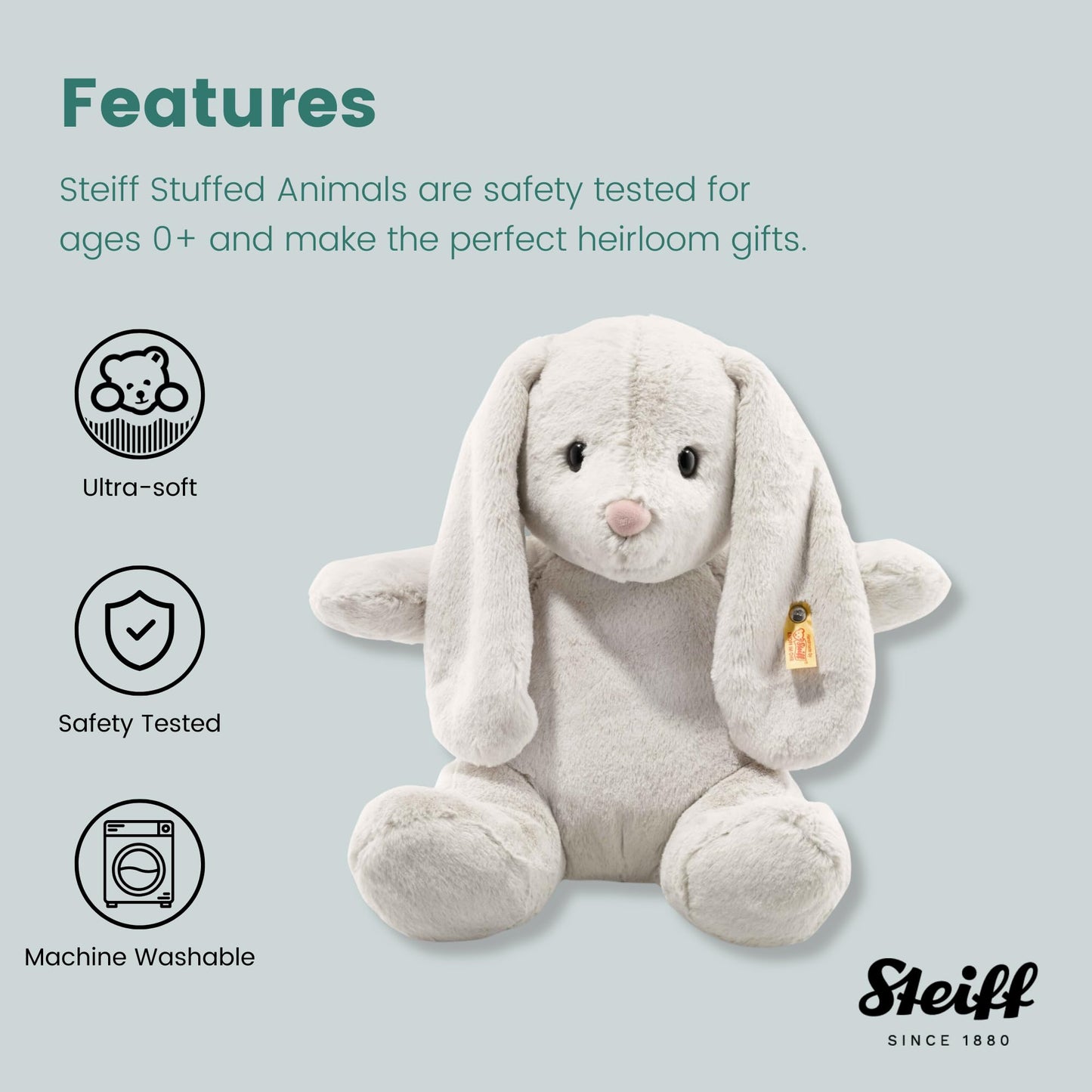 Steiff Hoppie Rabbit: enhanced 15 Stuffed Animal Toy  Soft Cuddly Friends for Girls  Boys & Kids (Light Grey)
