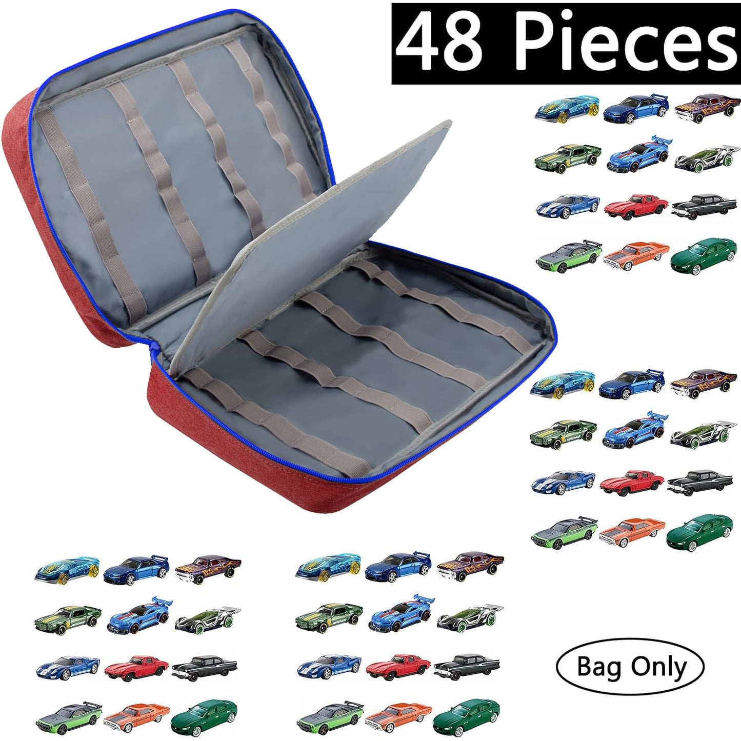 KISLANE 48 Toy Cars Carrying Case, Red Polyester Storage Bag, Model KL20010