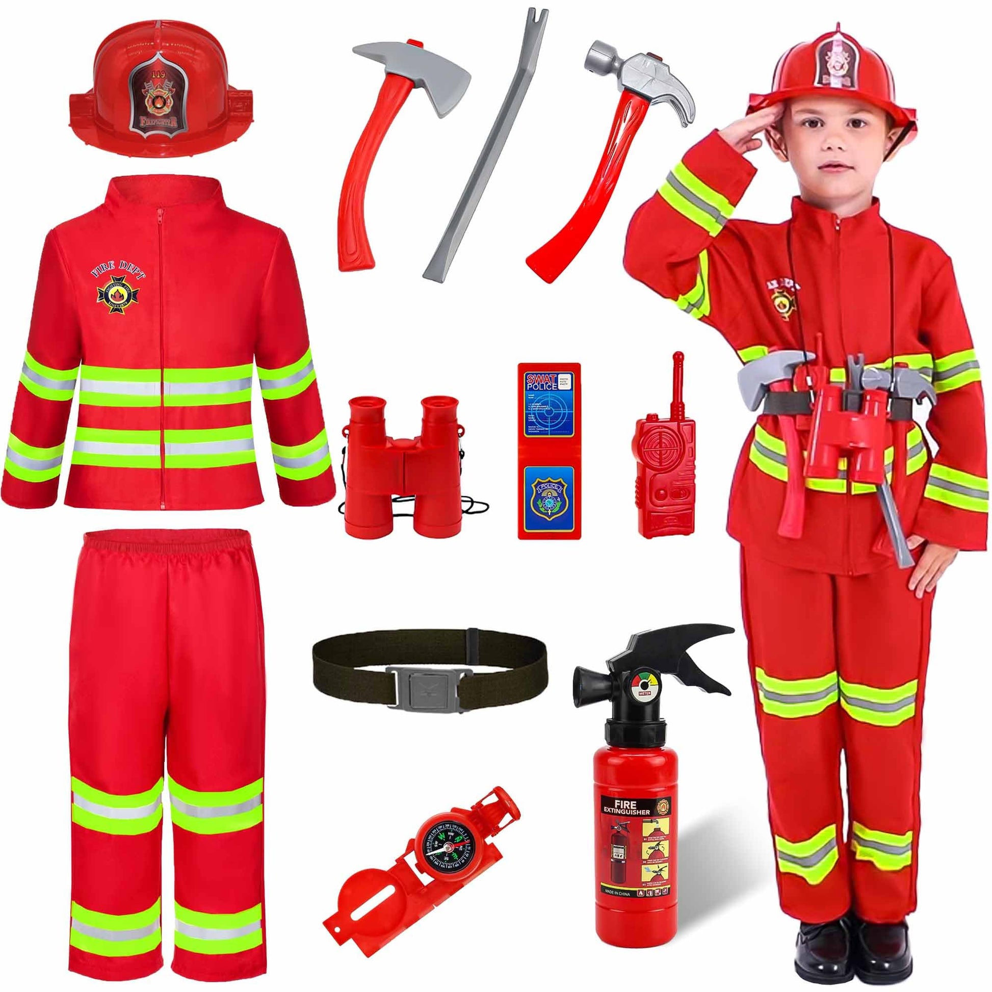 Watlie Firefighter Costume For Kids, Fireman Costume With Toy Accessories Set, Toddler Firefighter Costume For Boys And Girls, F
