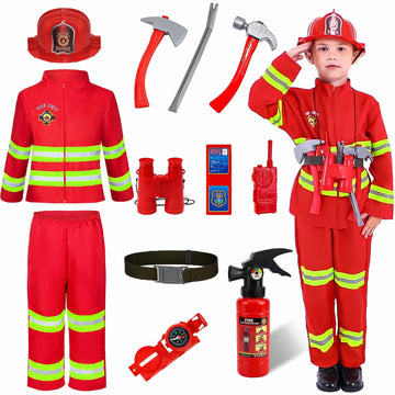 Watlie Firefighter Costume For Kids, Fireman Costume With Toy Accessories Set, Toddler Firefighter Costume For Boys And Girls, F