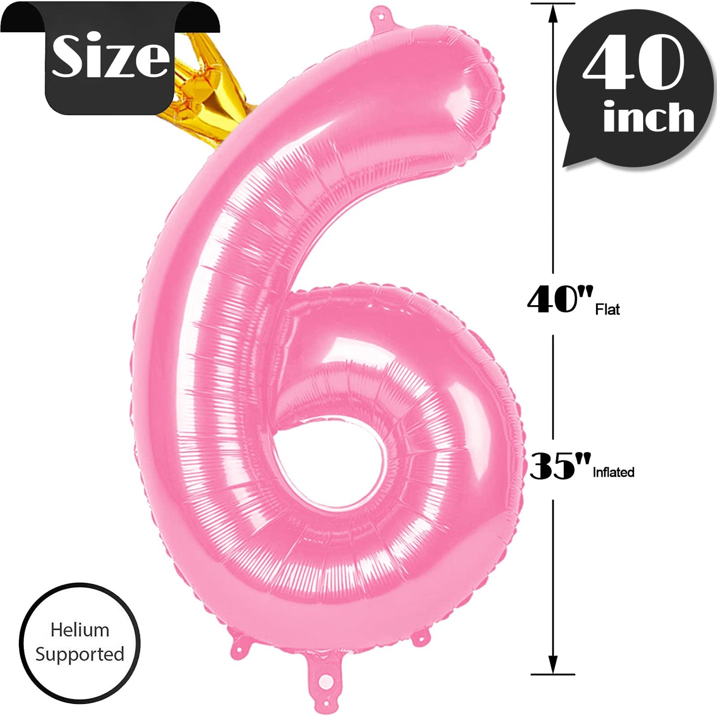 40 Inch Number Balloon 6 Pink, Six Helium Balloons For Birthday Party 16 60 Decorations Anniversary, 6Th Birthday Balloon, Pink