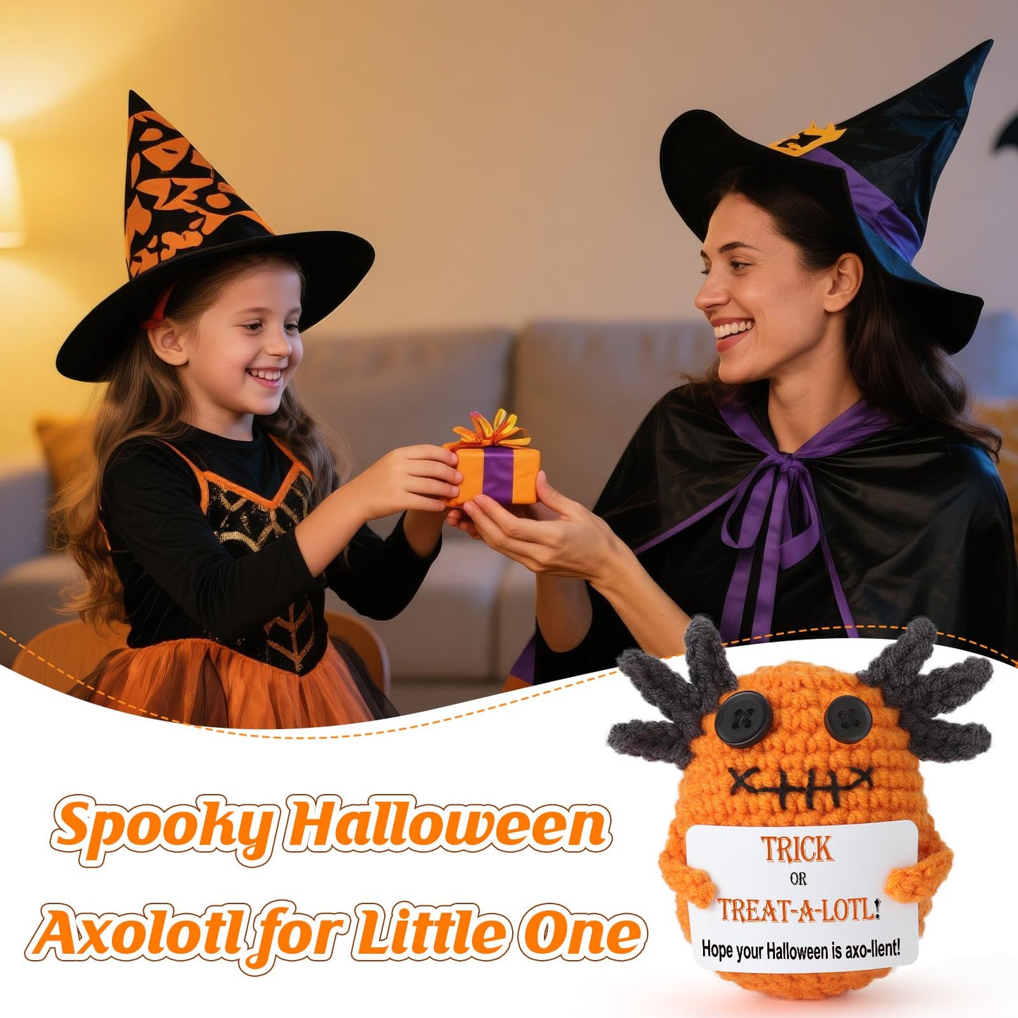WEYON Halloween  Non Candy  Crochet Axolotl D?cor Gifts for Kids  Trick or Treat Halloween Toy Gifts for Teens  Goodie Bag Stuffers in Treat Bag & Boo Basket