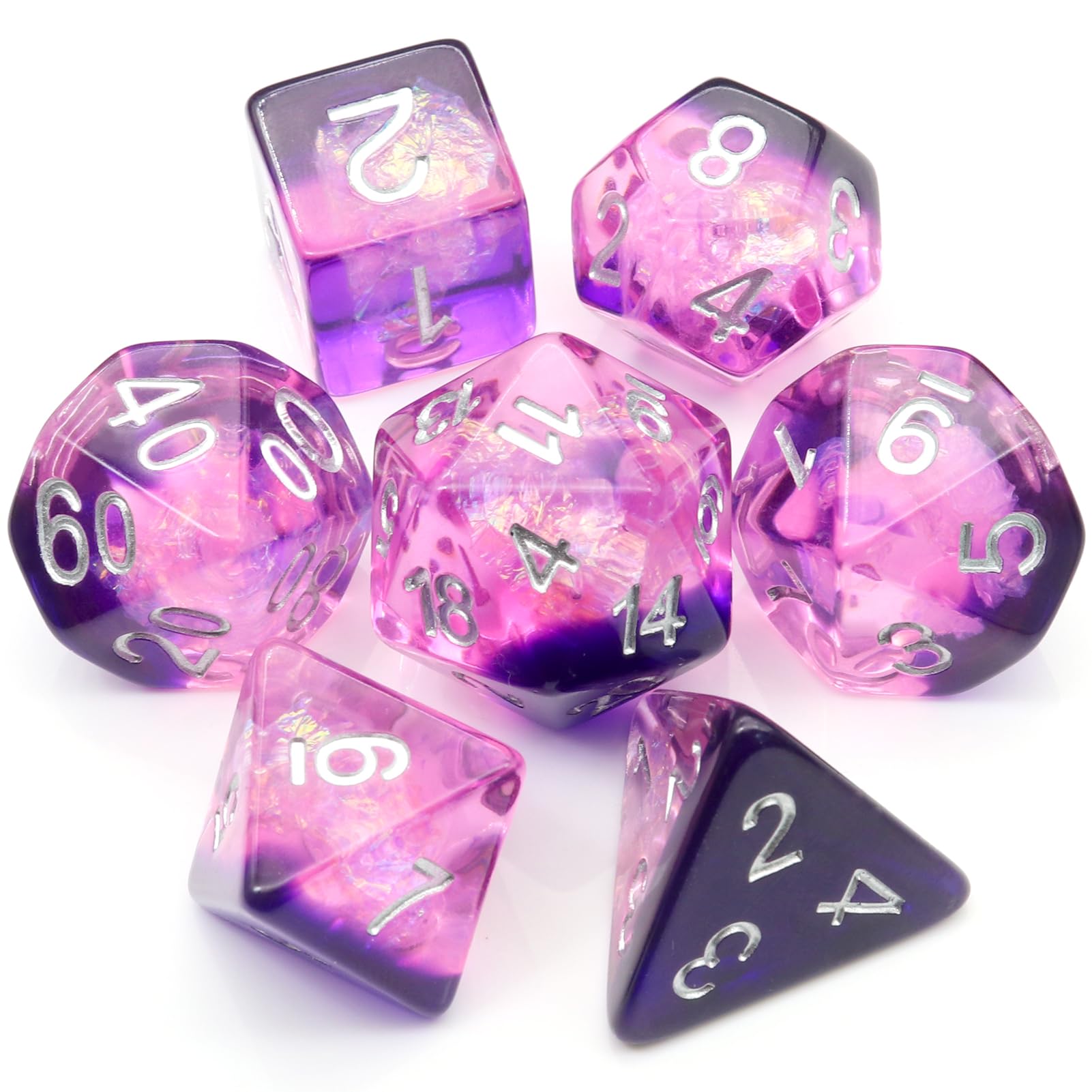 Haxtec DND Dice Set Purple Resin Polyhedral Dice with Iridecent Mylar Inclusions for D&D Dungeons and Dragons TTRPG Gifts