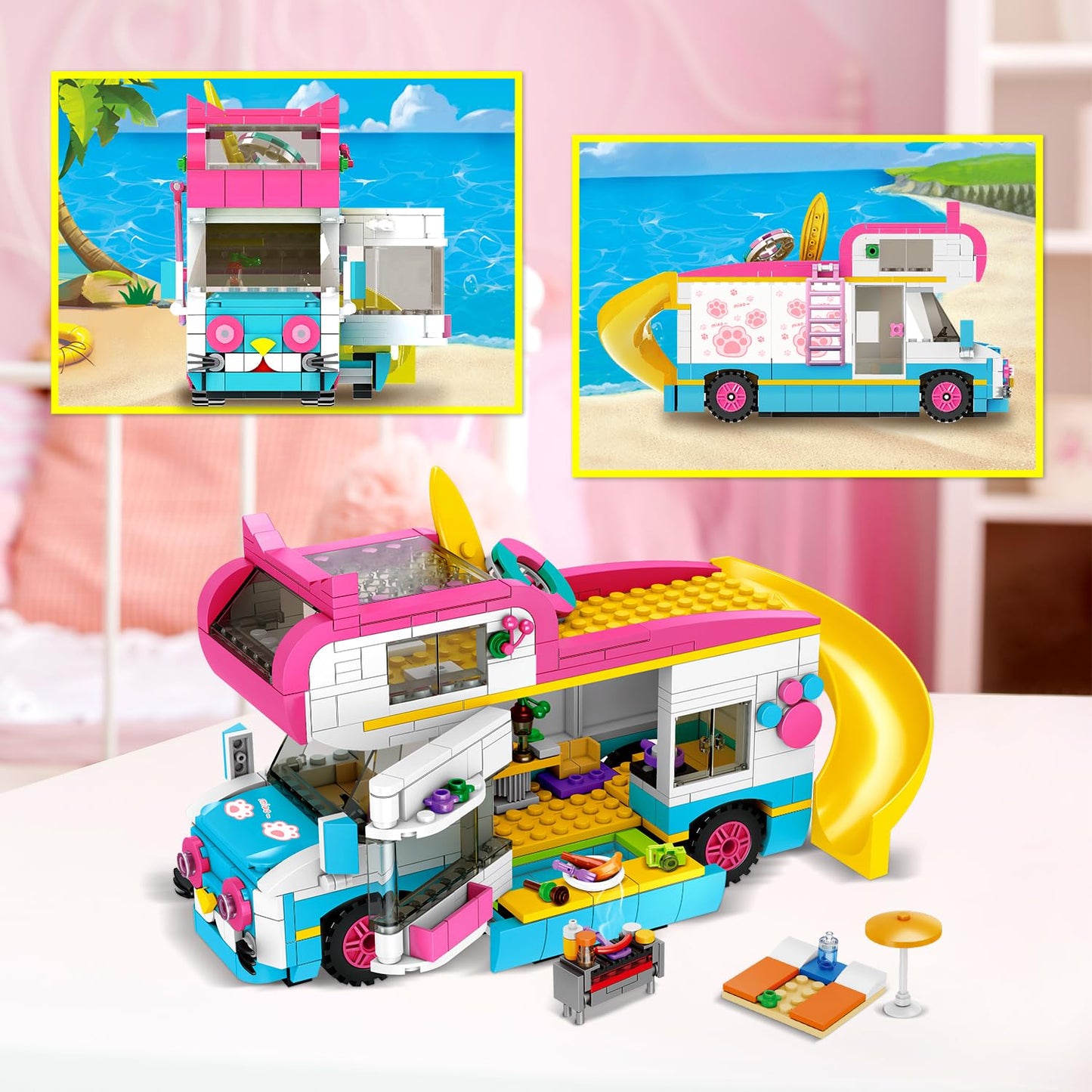 Hogokids 3-In-1 Girls Camper Van Building Set - 494Pcs Summer Beach Camping Building Blocks Sets | Food Truck Building Toys With Slide And Stickers | Gifts For Girls Boys Age 6 7 8 9 10 11 12+
