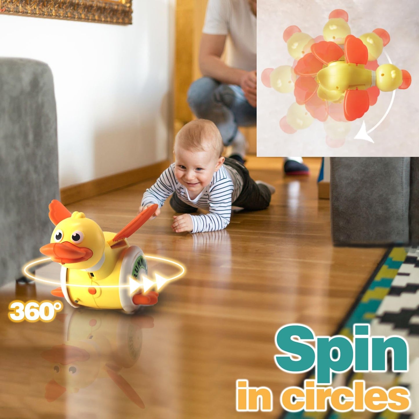 Sizobi Duck Toys for Toddlers 1-3, Tummy Time Crawling Toys for Babies 6-12 12-18 Months, Light Up Musical Dancing Walking Duck