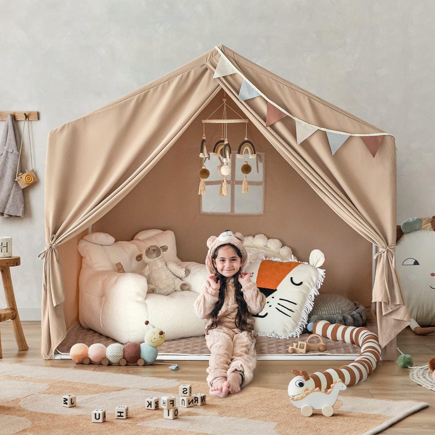 Razee Kids Play Tent With Mat, Large Playhouse Tent Indoor, Play House Kids Tent Castle Tent For Girls Boys, Play Cottage (Khaki)
