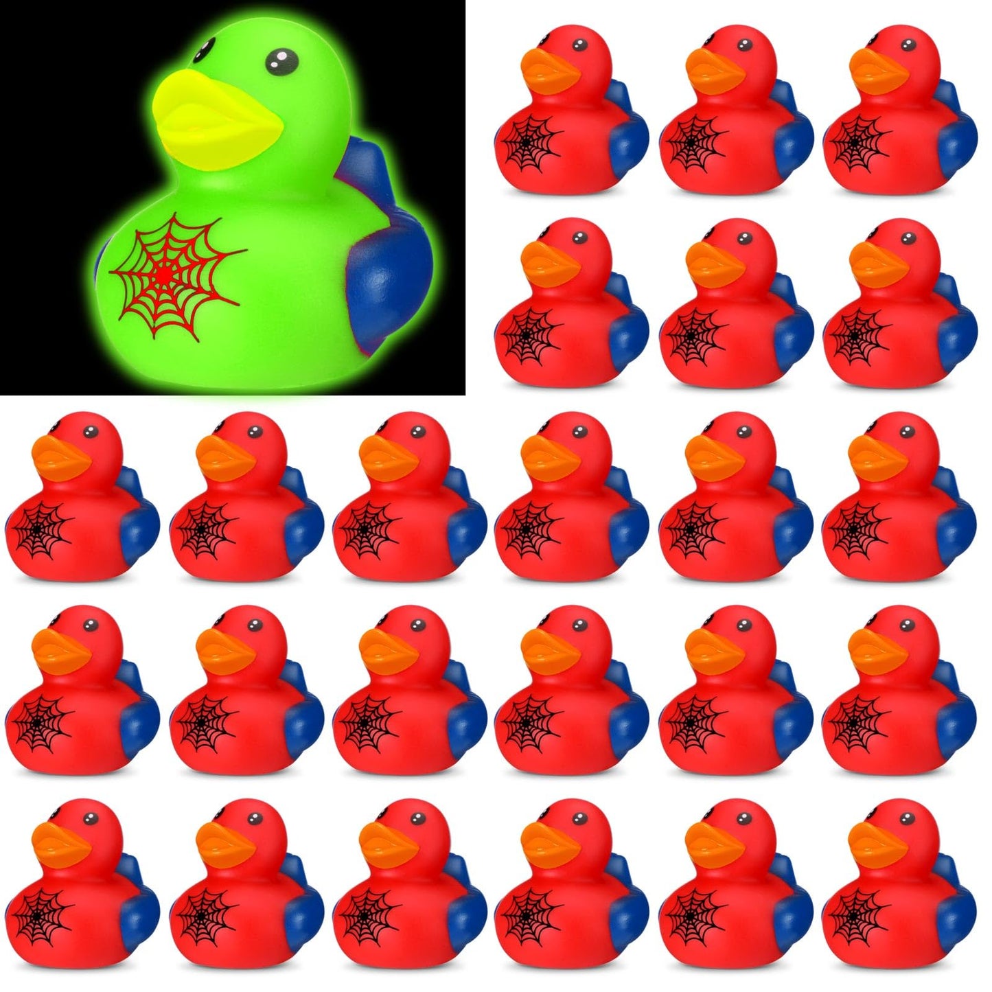 Leyndo 24 Pcs Glow in The Dark Spiderweb Rubber Duck Bulk Spiderweb Birthday Party Decoration Favors Squeaky Red Blue Duck for Bathtub Floating Pool Gifts Party Supplies