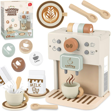 Airlab Toy Coffee Maker for Kids Wooden Kitchen Accessories Pretend Play Toddler Coffee Playset for Girls Boys Ages 3 4 5 Years 