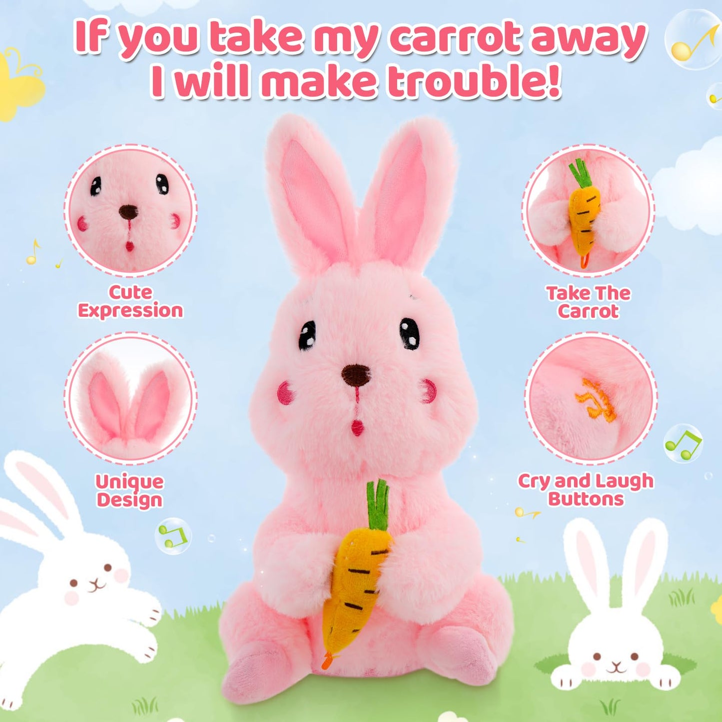 Emoin Bunny Plush Baby Toys, Singing Dancing 9'' Bunny Stuffed Animal, Interactive Rabbit Plush Crying Bunny Don'T Take His Carr