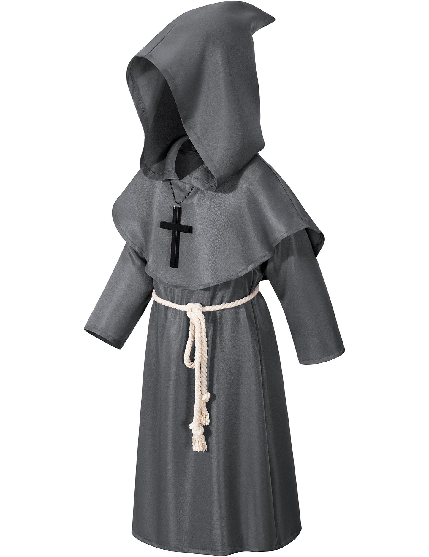 Kids Medieval Renaissance Monk Costume Priest Friar Wizard Cloak Hooded Robe Cosplay Costume Belt Necklace Set(GR 130)