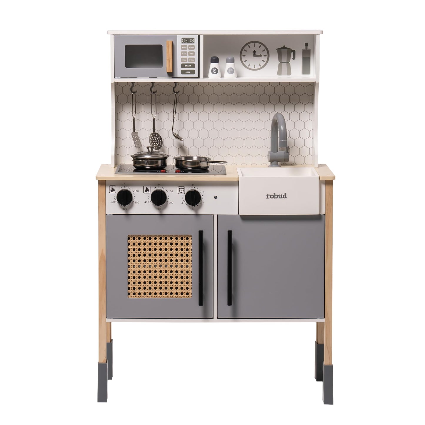 Robud Play Kitchen For Kids, Wooden Play Kitchen Set With Sounds & Lights, Modern Vintage Pretend Play Kitchen Set For Toddlers,