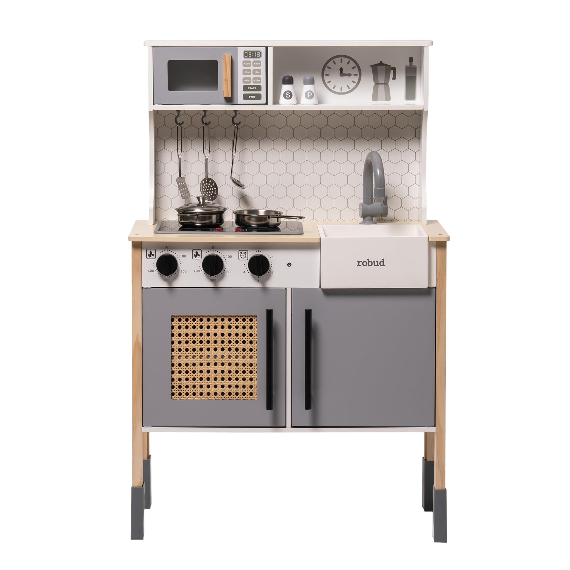 Robud Play Kitchen For Kids, Wooden Play Kitchen Set With Sounds & Lights, Modern Vintage Pretend Play Kitchen Set For Toddlers,